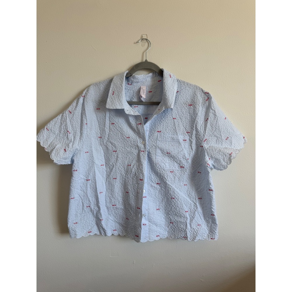 Auden Seersucker Button Down Shirt Blue White Striped Red Fish Scalloped Hem L